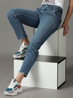 SHOWOFFFF - Women's Non Stretchable Clean Look Blue Mom Fit Jeans