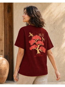 Nobero - Maroon Pure Cotton Half Sleeves Printed T-Shirt