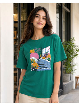 Nobero - Green Pure Cotton Half Sleeves Printed T-Shirt