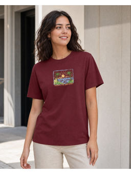 Nobero - Maroon Pure Cotton Half Sleeves Printed T-Shirt