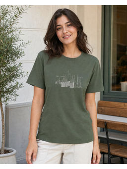 Nobero - Green Pure Cotton Half Sleeves Printed T-Shirt