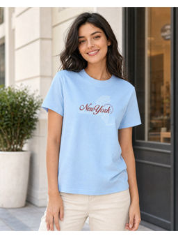 Nobero - Blue Pure Cotton Half Sleeves Typography T-Shirt