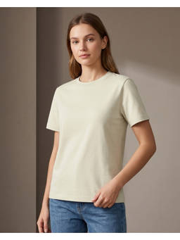 Nobero - Beige Pure Cotton Half Sleeves Solid/Plain T-Shirt