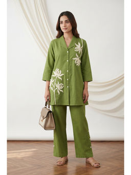 Jisora - Green Cotton Flex Embroidered Co-Ord Set