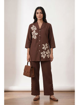 Jisora - Brown Cotton Flex Embroidered Co-Ord Set