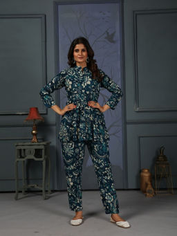 Odette - Navy Blue Cotton Blend Floral Co-Ord Set