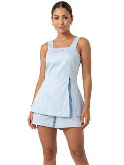 Moomaya - Blue Cotton Sleeveless Solid/Plain Top with Shorts