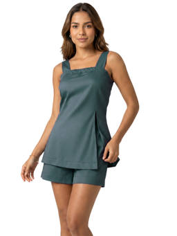 Moomaya - Teal Cotton Sleeveless Solid/Plain Top with Shorts