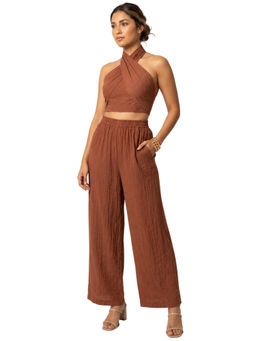 Moomaya - Brown Linen Blend Solid/Plain Co-Ord Set
