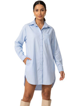 Moomaya - Blue Cotton Solid/Plain Collar Neck Shirt Dress