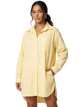 Moomaya - Yellow Cotton Solid/Plain Collar Neck Shirt Dress