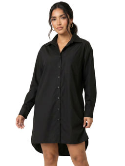 Moomaya - Black Cotton Solid/Plain Collar Neck Shirt Dress