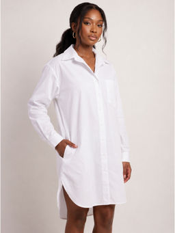 Moomaya - White Cotton Solid/Plain Collar Neck Shirt Dress