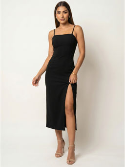 Moomaya - Black Polyester Solid/Plain Bodycon Square Neck Dress