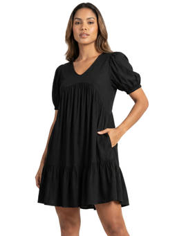 Moomaya - Black Rayon Solid/Plain Flared V-Neck Dress