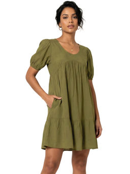 Moomaya - Green Rayon Solid/Plain Flared V-Neck Dress