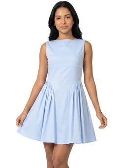 Moomaya - Blue Cotton Solid/Plain Flared Boat Neck Dress