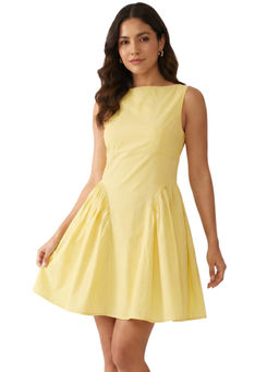 Moomaya - Yellow Cotton Solid/Plain Flared Boat Neck Dress