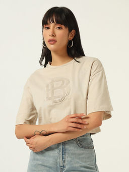 Beatnik - Beige Cotton Blend Half Sleeves Embroidered T-Shirt
