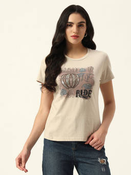 Beatnik - Beige Cotton Blend Half Sleeves Solid/Plain T-Shirt