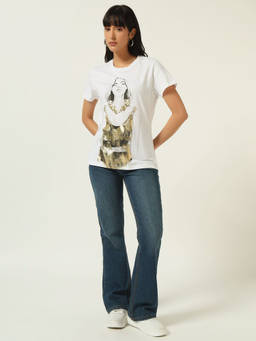 Beatnik - White Cotton Blend Half Sleeves Solid/Plain T-Shirt