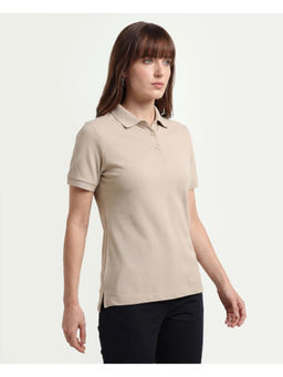RAREISM - Beige Cotton Blend Half Sleeves Solid/Plain Polo T-Shirt
