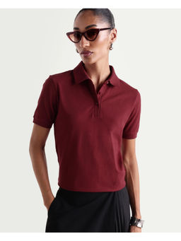 RAREISM - Maroon Cotton Blend Half Sleeves Solid/Plain Polo T-Shirt