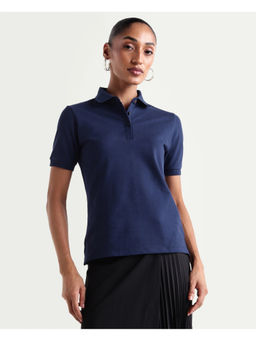 RAREISM - Navy Blue Cotton Blend Half Sleeves Solid/Plain Polo T-Shirt