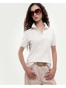RAREISM - White Cotton Blend Half Sleeves Solid/Plain Polo T-Shirt