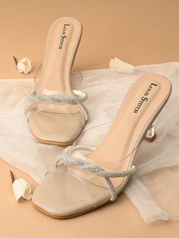 Louis Stitch - Women Beige Silicon Glitter Strap Spool Sandal Heels