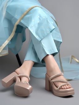 Shoetopia - Embellished Rose-Gold Block Sandal Heels for Women