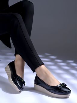 Shoetopia - Bow detailed Casual Black Loafers for Women