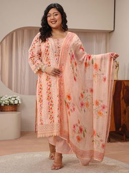 Extra love by Libas - Plus Size Peach Floral Printed Schiffli Kurta With Pant & Dupatta