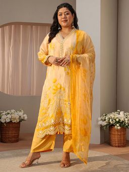 Extra love by Libas - Plus Size Yellow Floral Embroidered Schiffli Kurta With Pant & Dupatta