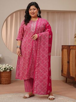 Extra love by Libas - Plus Size Pink Ethnic Motif Printed Straight Kurta With Pant & Dupatta