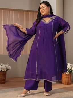Extra love by Libas - Plus Size Purple Zari Embellished Solid A-line Kurta With Pant & Dupatta