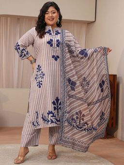 Extra love by Libas - Plus Size Beige Striped Printed Straight Kurta With Pant & Dupatta