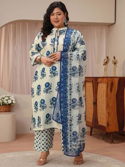 Extra love by Libas - Off White Floral Printed Straight Kurta With Pant & Dupatta