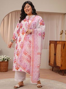 Extra love by Libas - Off White Floral Printed Straight Kurta With Pant & Dupatta