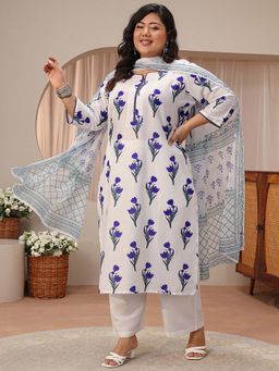 Extra love by Libas - White Floral Printed Straight Kurta With Pant & Dupatta