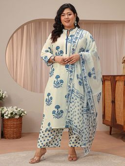 Extra love by Libas - Off White Floral Printed Straight Kurta With Pant & Dupatta