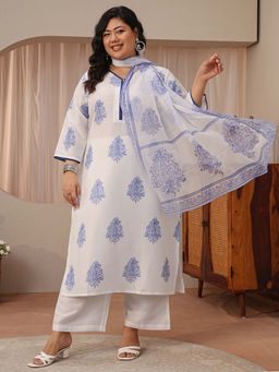 Extra love by Libas - White Floral Printed Straight Kurta With Palazzo & Dupatta
