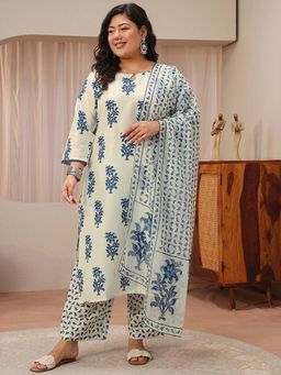 Extra love by Libas - Off White Floral Printed Straight Kurta With Pant & Dupatta
