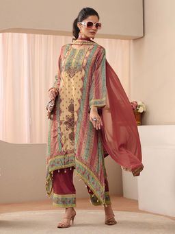Libas - Beige Floral Printed A-line Kaftan Style Kurta With Pant & Dupatta