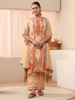 Libas - Beige Floral Printed A-line Kaftan Style Kurta With Pant & Dupatta