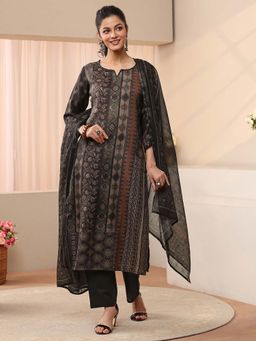 Libas - Black Ethnic Motif Printed Straight Kurta With Pant & Dupatta