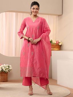 Libas - Pink Ethnic Motif Zari Embroidered Straight Kurta With Pant & Dupatta