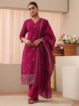 Libas - Magenta Floral Zari Embroidered Straight Kurta With Pant & Dupatta
