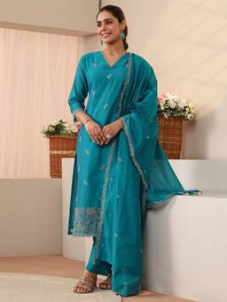 Libas - Blue Floral Zari Embroidered Straight Kurta With Pant & Dupatta