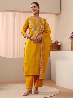 Libas - Mustard Ethnic Motif Yoke Embroidered Straight Kurta With Pant & Dupatta